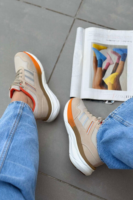PLATFORM LACING RUNNING WOMEN SNEAKERS BEIGE+ORANGE/BZHPO - 2