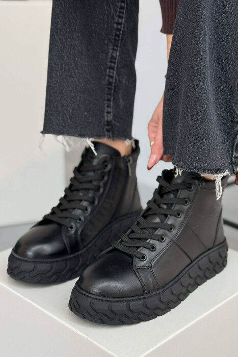 PLATFORM LEATHER SIDE ZIPPER WOMEN SNEAKERS BLACK/ E ZEZE - KLAUDIO FASHION