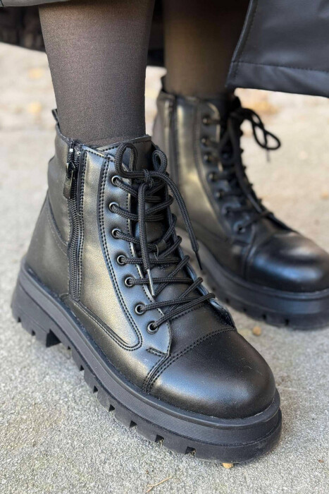 PLATFORM ZIPPER & LACING WOMEN ANKLE BOOTS BLACK/ E ZEZE - KLAUDIO FASHION