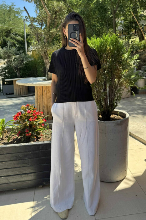 PLEATED DESIGN ONE COLOR ROUND NECK WOMEN T-SHIRT BLACK/ E ZEZE - KLAUDIO FASHION