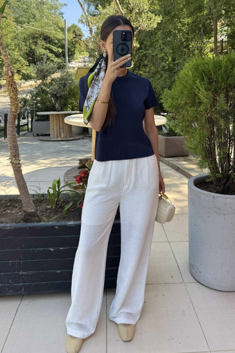 PLEATED DESIGN ONE COLOR ROUND NECK WOMEN T-SHIRT BLUE/BLU - 1