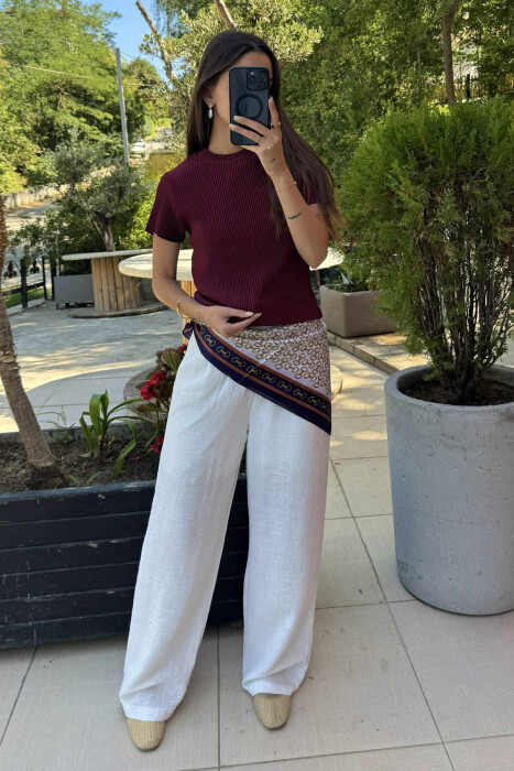 PLEATED DESIGN ONE COLOR ROUND NECK WOMEN T-SHIRT BURGUNDY/VISHNJE - KLAUDIO FASHION