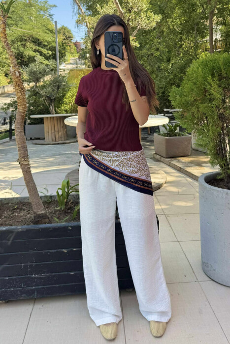 PLEATED DESIGN ONE COLOR ROUND NECK WOMEN T-SHIRT BURGUNDY/VISHNJE - 2