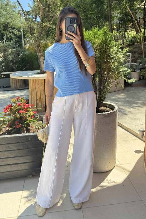 PLEATED DESIGN ONE COLOR ROUND NECK WOMEN T-SHIRT LIGHTBLUE/BZ - 1