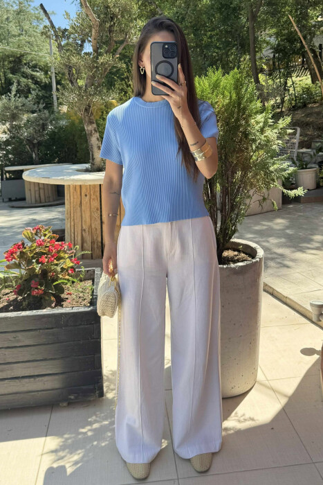 PLEATED DESIGN ONE COLOR ROUND NECK WOMEN T-SHIRT LIGHTBLUE/BZ - 2
