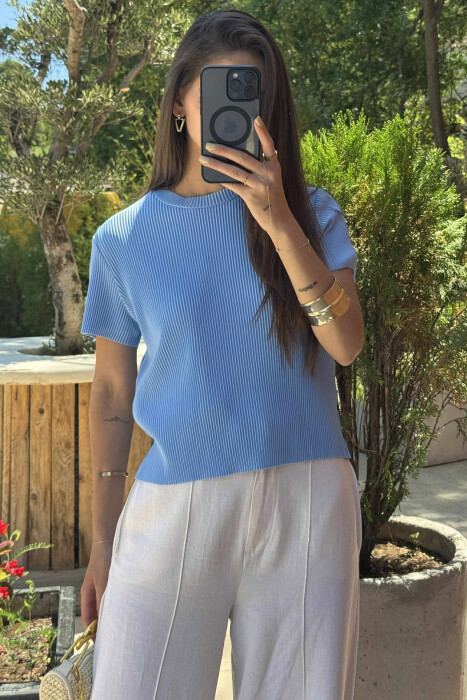 PLEATED DESIGN ONE COLOR ROUND NECK WOMEN T-SHIRT LIGHTBLUE/BZ - 3
