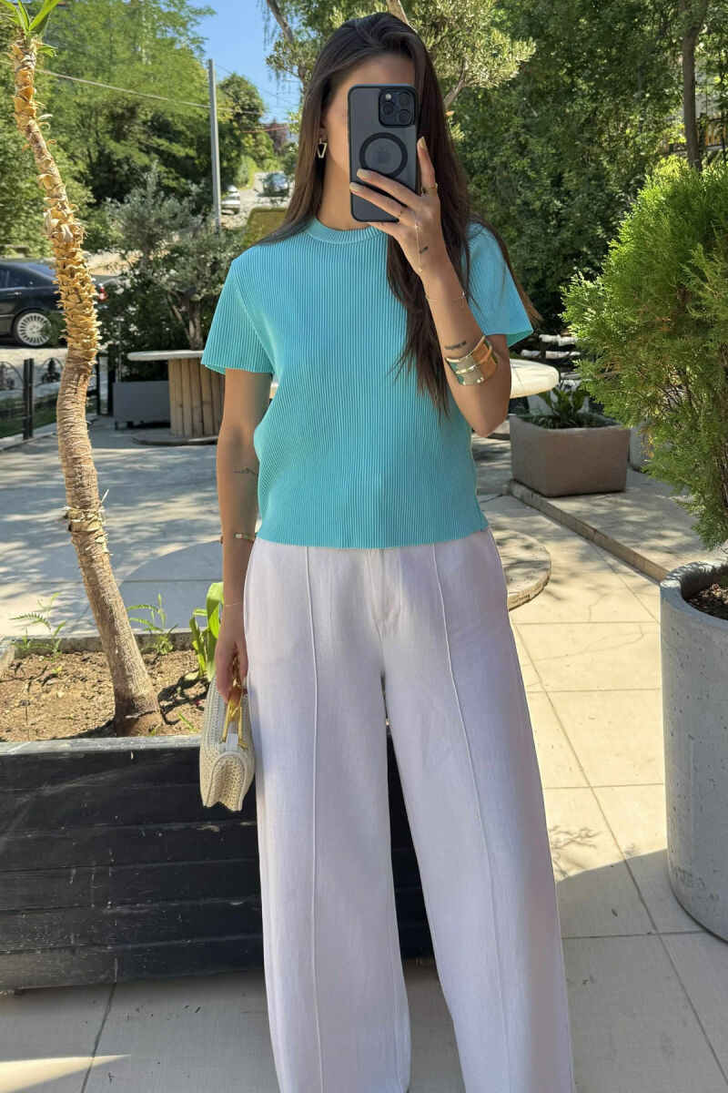 PLEATED DESIGN ONE COLOR ROUND NECK WOMEN T-SHIRT MINT/MENTE - 1