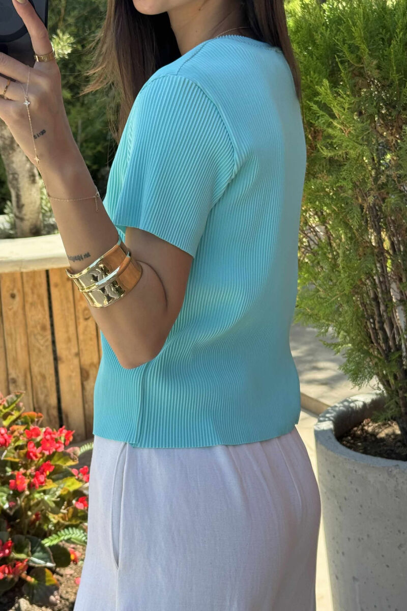 PLEATED DESIGN ONE COLOR ROUND NECK WOMEN T-SHIRT MINT/MENTE - 3