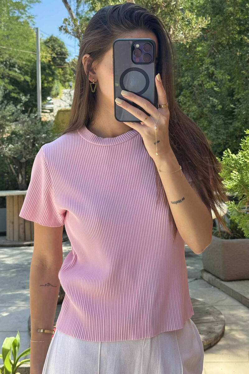 PLEATED DESIGN ONE COLOR ROUND NECK WOMEN T-SHIRT PINK/ROZE - 2