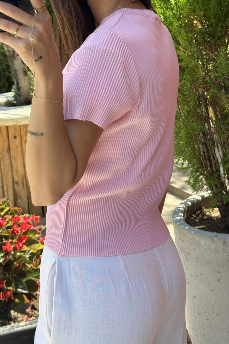 PLEATED DESIGN ONE COLOR ROUND NECK WOMEN T-SHIRT PINK/ROZE - 3