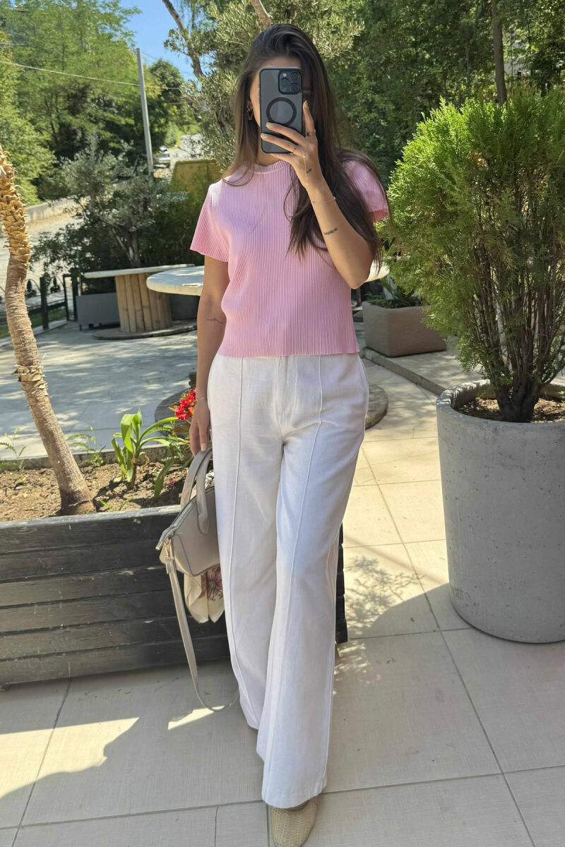 PLEATED DESIGN ONE COLOR ROUND NECK WOMEN T-SHIRT PINK/ROZE - 5