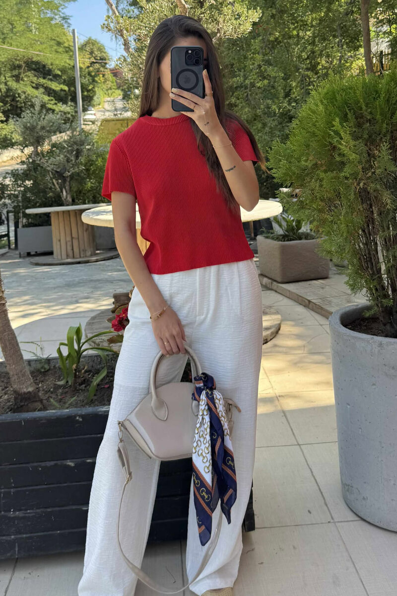 PLEATED DESIGN ONE COLOR ROUND NECK WOMEN T-SHIRT RED/E KUQE - 1