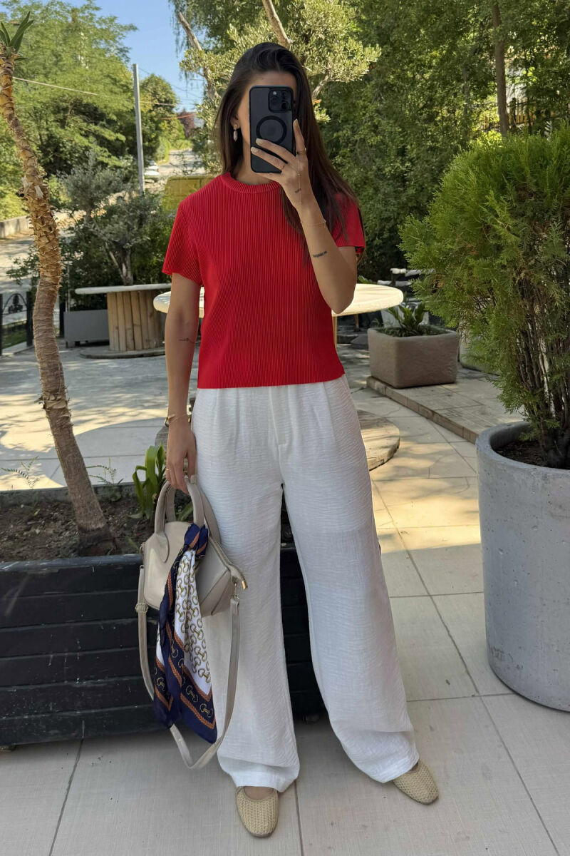 PLEATED DESIGN ONE COLOR ROUND NECK WOMEN T-SHIRT RED/E KUQE - 2