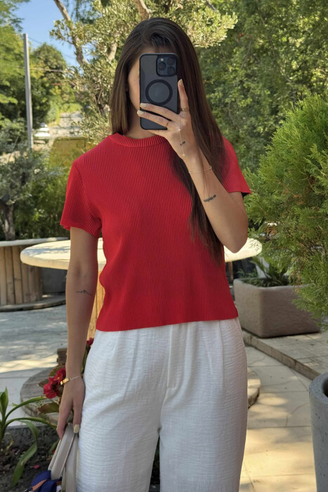 PLEATED DESIGN ONE COLOR ROUND NECK WOMEN T-SHIRT RED/E KUQE - 3