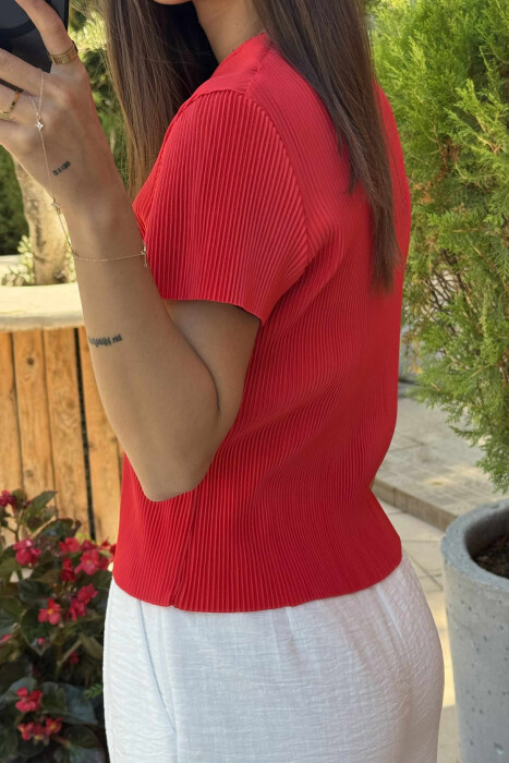 PLEATED DESIGN ONE COLOR ROUND NECK WOMEN T-SHIRT RED/E KUQE - 4