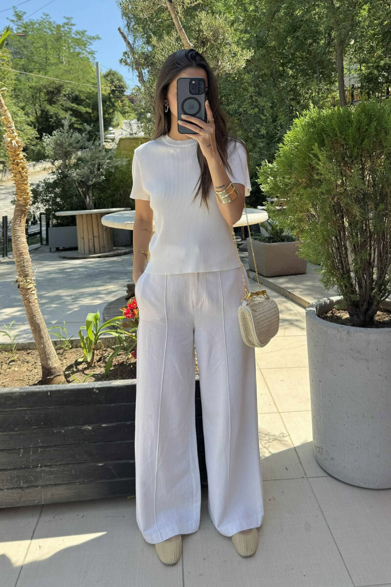 PLEATED DESIGN ONE COLOR ROUND NECK WOMEN T-SHIRT WHITE-E BARDHE - 1