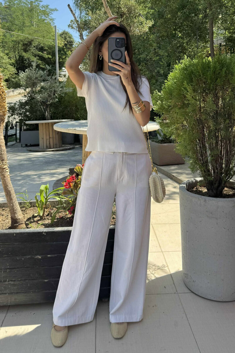 PLEATED DESIGN ONE COLOR ROUND NECK WOMEN T-SHIRT WHITE-E BARDHE - 4