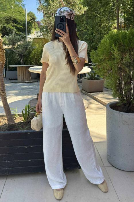 PLEATED DESIGN ONE COLOR ROUND NECK WOMEN T-SHIRT YELLOW/E VERDHE - 1