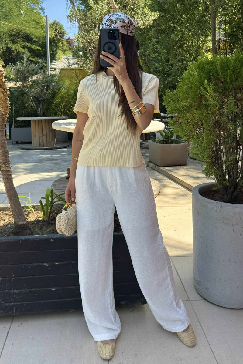 PLEATED DESIGN ONE COLOR ROUND NECK WOMEN T-SHIRT YELLOW/E VERDHE - 1