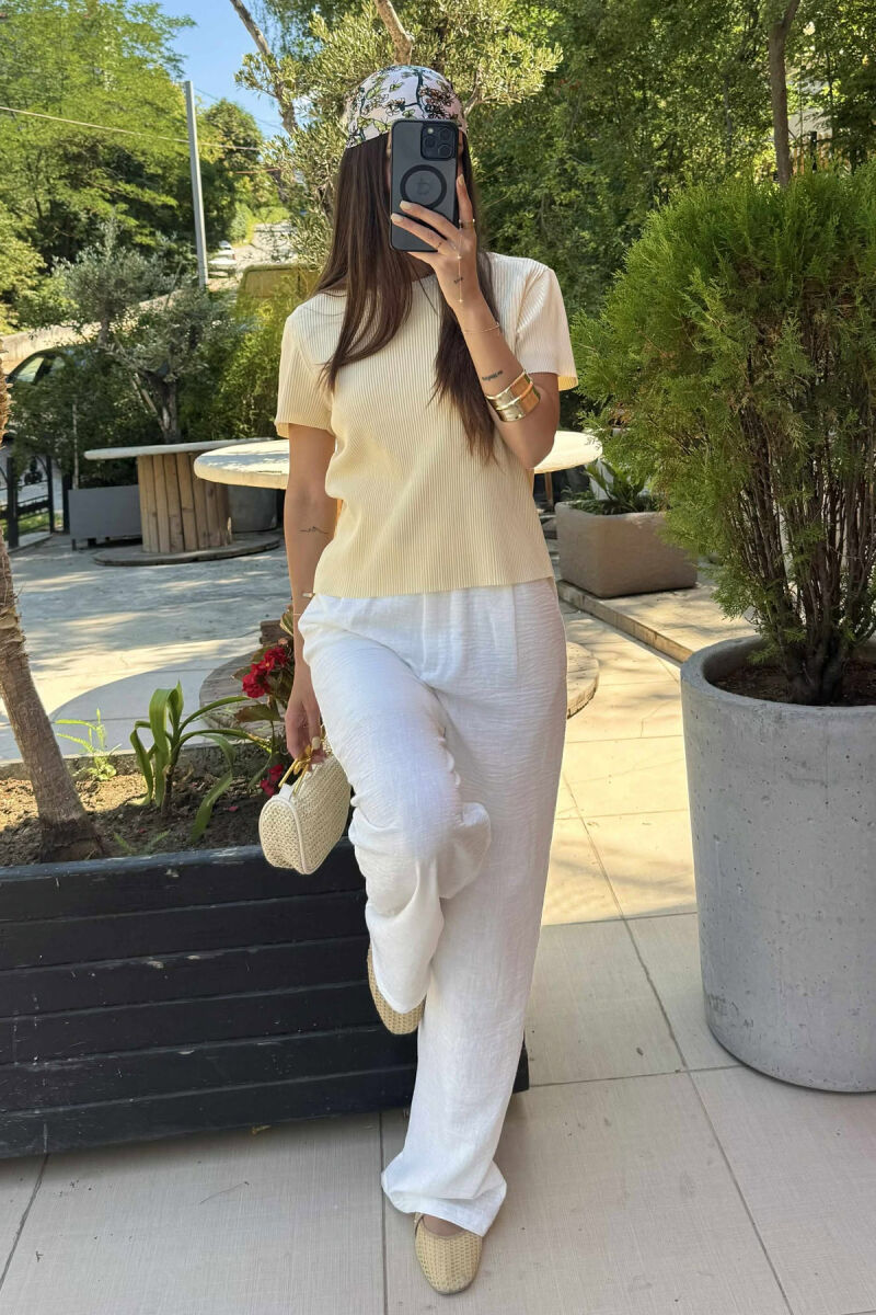 PLEATED DESIGN ONE COLOR ROUND NECK WOMEN T-SHIRT YELLOW/E VERDHE - 2