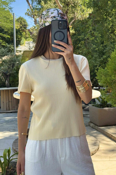 PLEATED DESIGN ONE COLOR ROUND NECK WOMEN T-SHIRT YELLOW/E VERDHE - 4