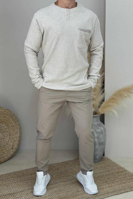 POCKET DETAIL ROUND NECK MEN SWEATER BEIGE/BEZHE - 1