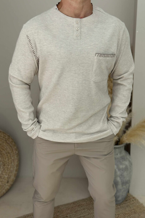 POCKET DETAIL ROUND NECK MEN SWEATER BEIGE/BEZHE - 3