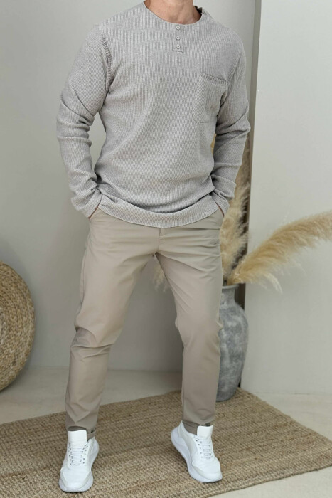 POCKET DETAIL ROUND NECK MEN SWEATER LIGHT BROWN/KAZB - KLAUDIO FASHION