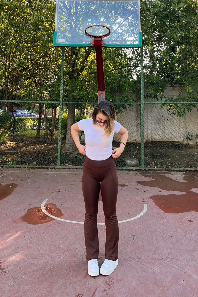 POCKETS DETAIL WIDE LEG WOMEN LEGGINGS IN BROWN COLOR - 3