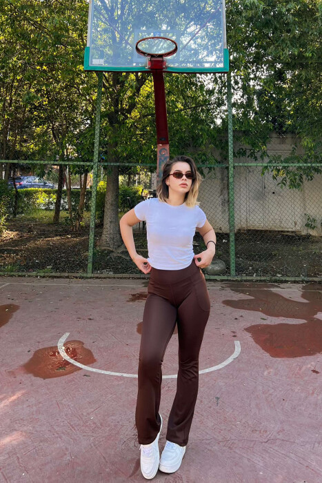 POCKETS DETAIL WIDE LEG WOMEN LEGGINGS IN BROWN COLOR - 4