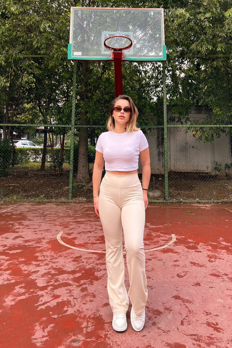 POCKETS DETAIL WIDE LEG WOMEN LEGGINGS IN CREAM COLOR - 1