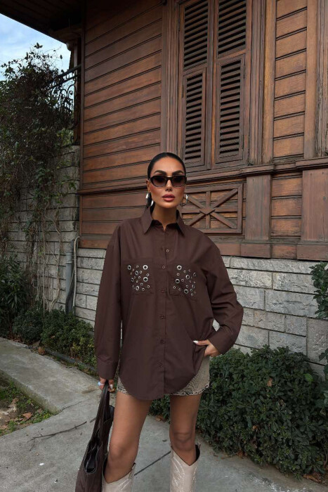 POCKET DETAILS ONE COLOR LONG SLEEVE WOMEN SHIRT BROWN/KAFE 