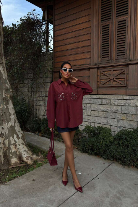 POCKET DETAILS ONE COLOR LONG SLEEVE WOMEN SHIRT BURGUNDY/VISHNJE 