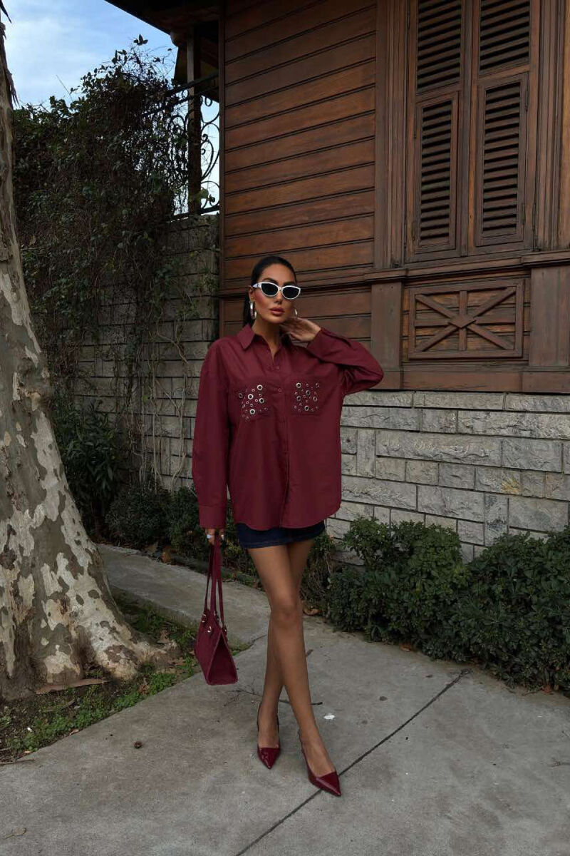 POCKET DETAILS ONE COLOR LONG SLEEVE WOMEN SHIRT BURGUNDY/VISHNJE - 1