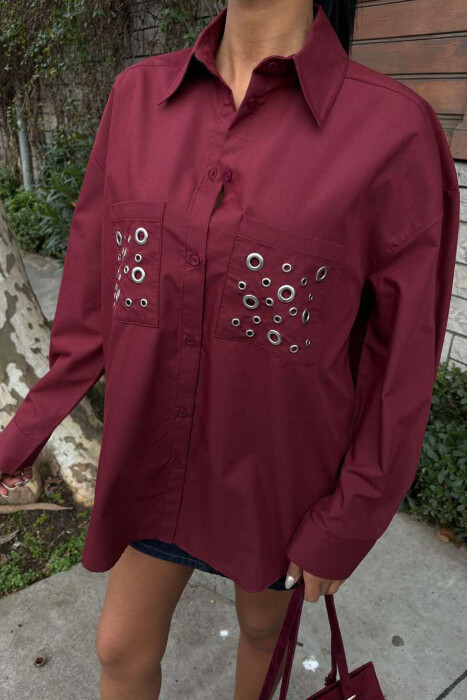 POCKET DETAILS ONE COLOR LONG SLEEVE WOMEN SHIRT BURGUNDY/VISHNJE - 3