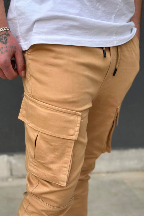 POCKET ONE COLOR MEN CARGO PANTS BEIGE/BEZHE - 4