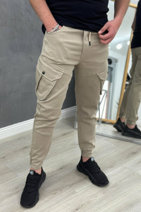 POCKET ONE COLOR MEN CARGO PANTS BEIGE/BEZHE - KLAUDIO FASHION