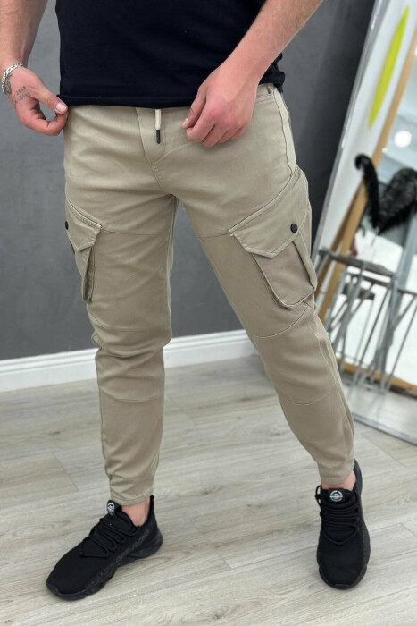 POCKET ONE COLOR MEN CARGO PANTS BEIGE/BEZHE - 2