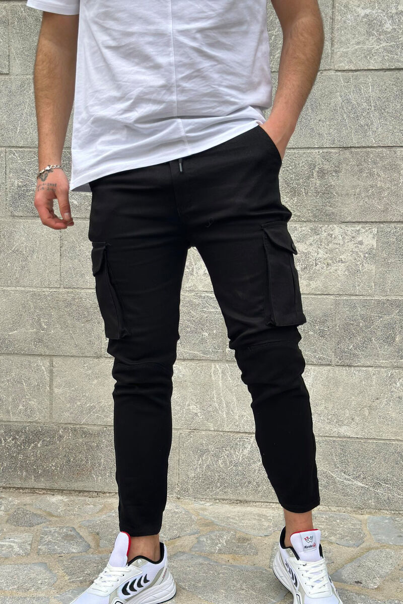 POCKET ONE COLOR MEN CARGO PANTS BLACK/ E ZEZE - 1