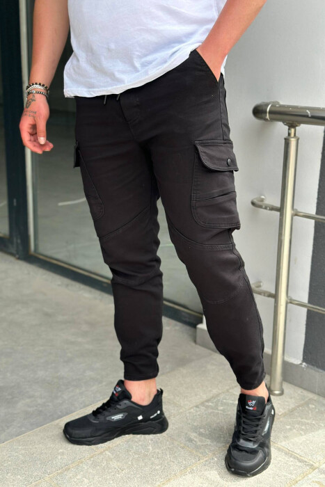 POCKET ONE COLOR MEN CARGO PANTS BLACK/ E ZEZE - 3