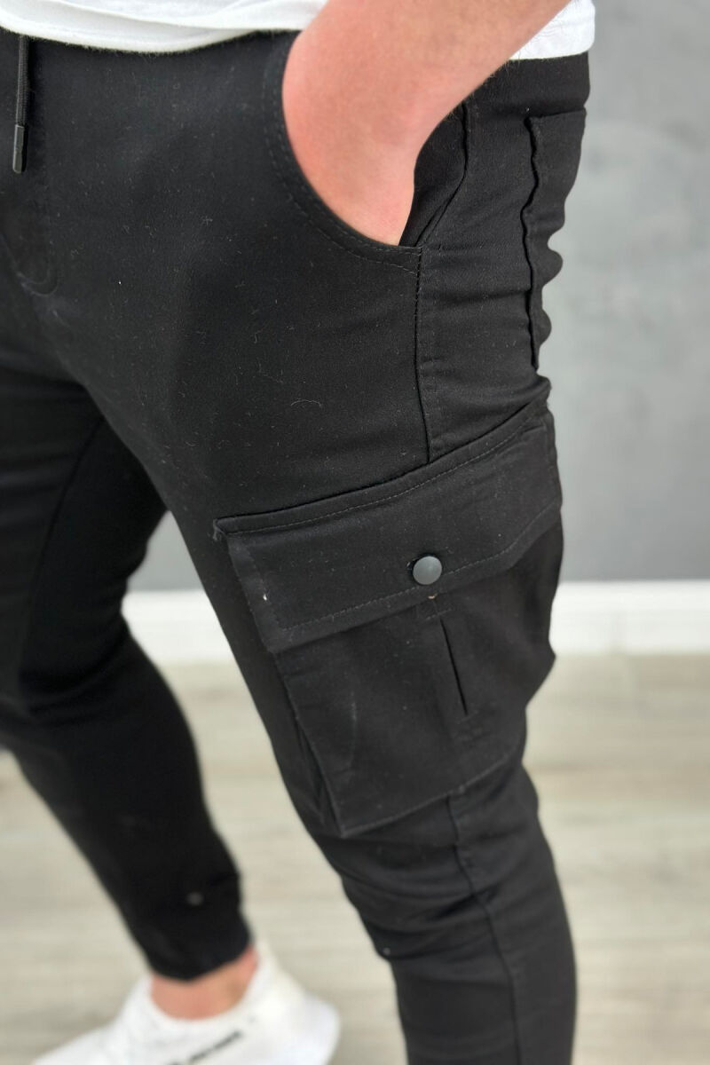 POCKET ONE COLOR MEN CARGO PANTS BLACK/ E ZEZE - 4