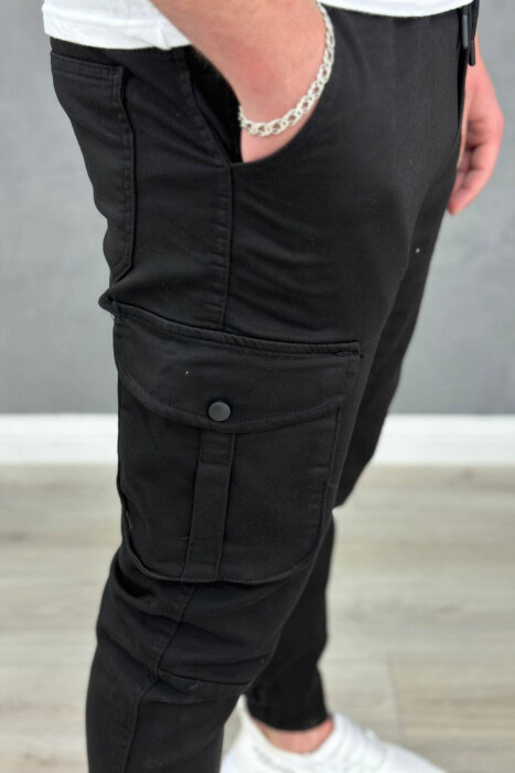 POCKET ONE COLOR MEN CARGO PANTS BLACK/ E ZEZE - 2