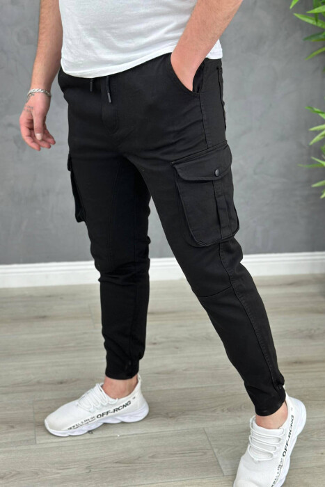 POCKET ONE COLOR MEN CARGO PANTS BLACK/ E ZEZE - 3