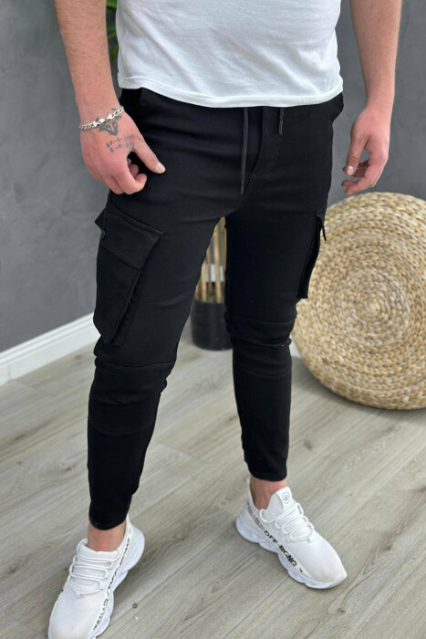 POCKET ONE COLOR MEN CARGO PANTS BLACK/ E ZEZE - KLAUDIO FASHION