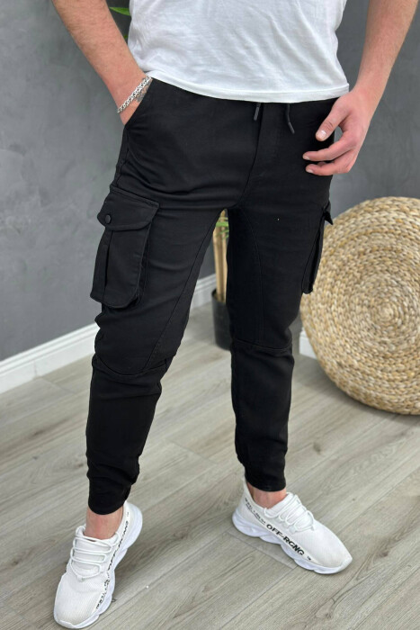 POCKET ONE COLOR MEN CARGO PANTS BLACK/ E ZEZE - KLAUDIO FASHION