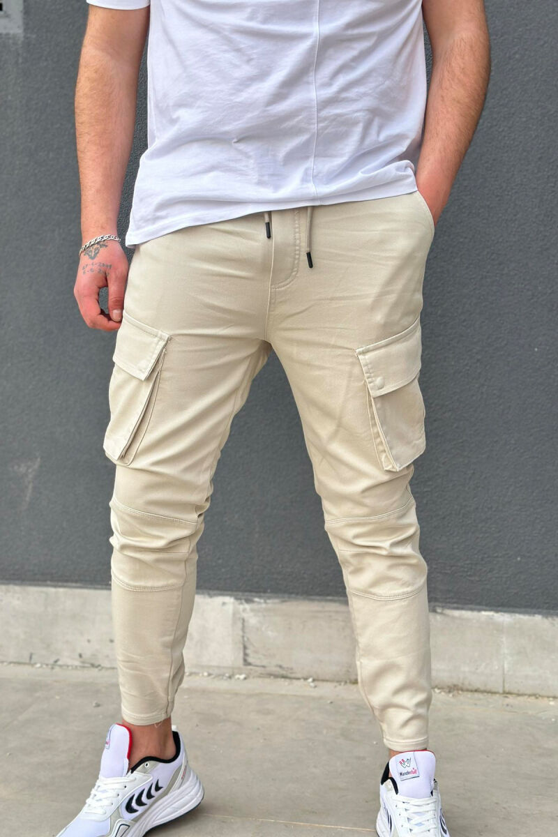 POCKET ONE COLOR MEN CARGO PANTS CREAM/KREM - 1