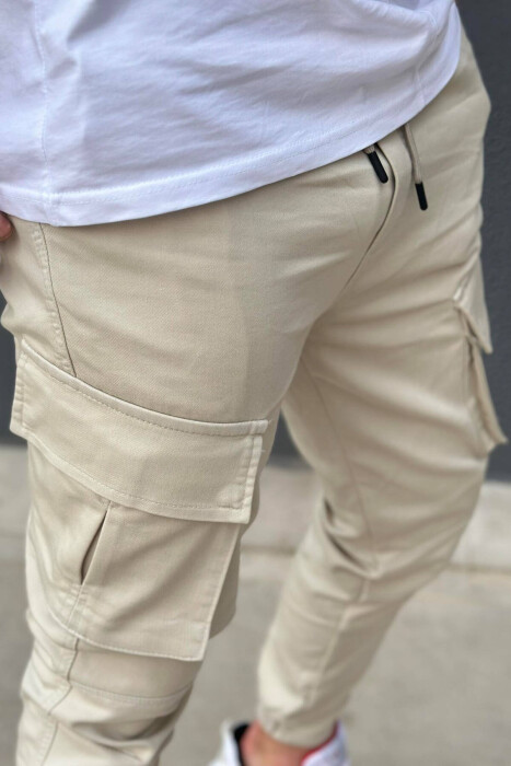 POCKET ONE COLOR MEN CARGO PANTS CREAM/KREM - 3