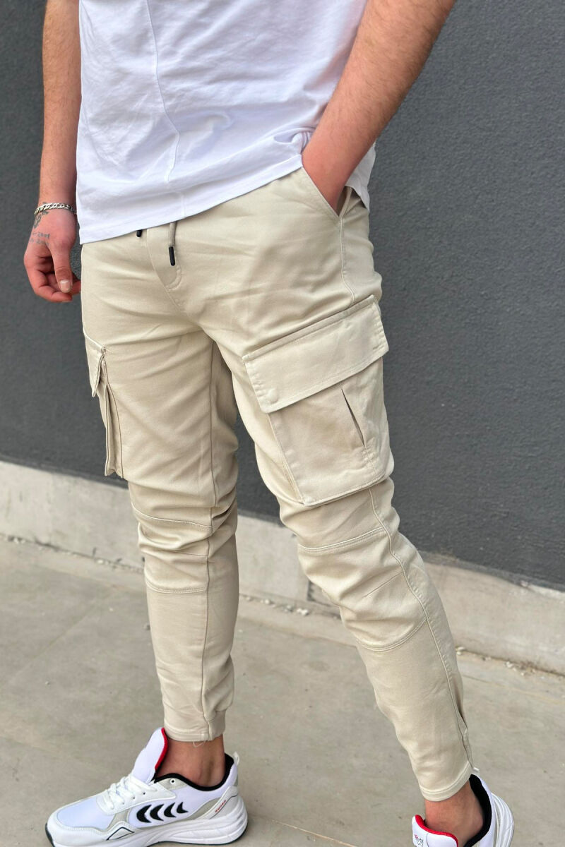 POCKET ONE COLOR MEN CARGO PANTS CREAM/KREM - 4