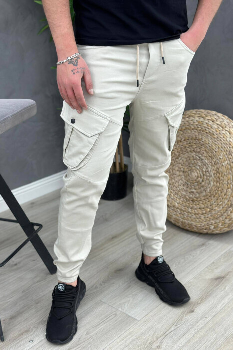 POCKET ONE COLOR MEN CARGO PANTS CREAM/KREM - KLAUDIO FASHION