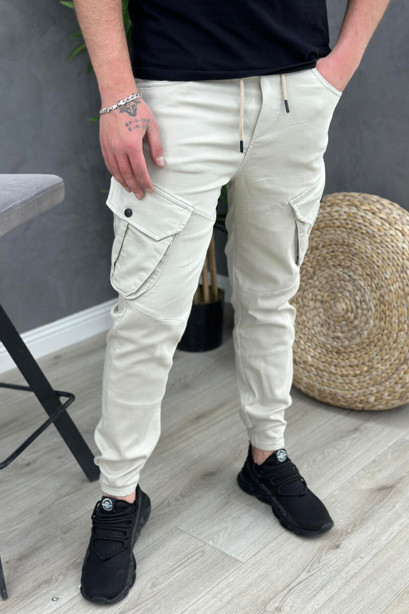 POCKET ONE COLOR MEN CARGO PANTS CREAM/KREM - 1